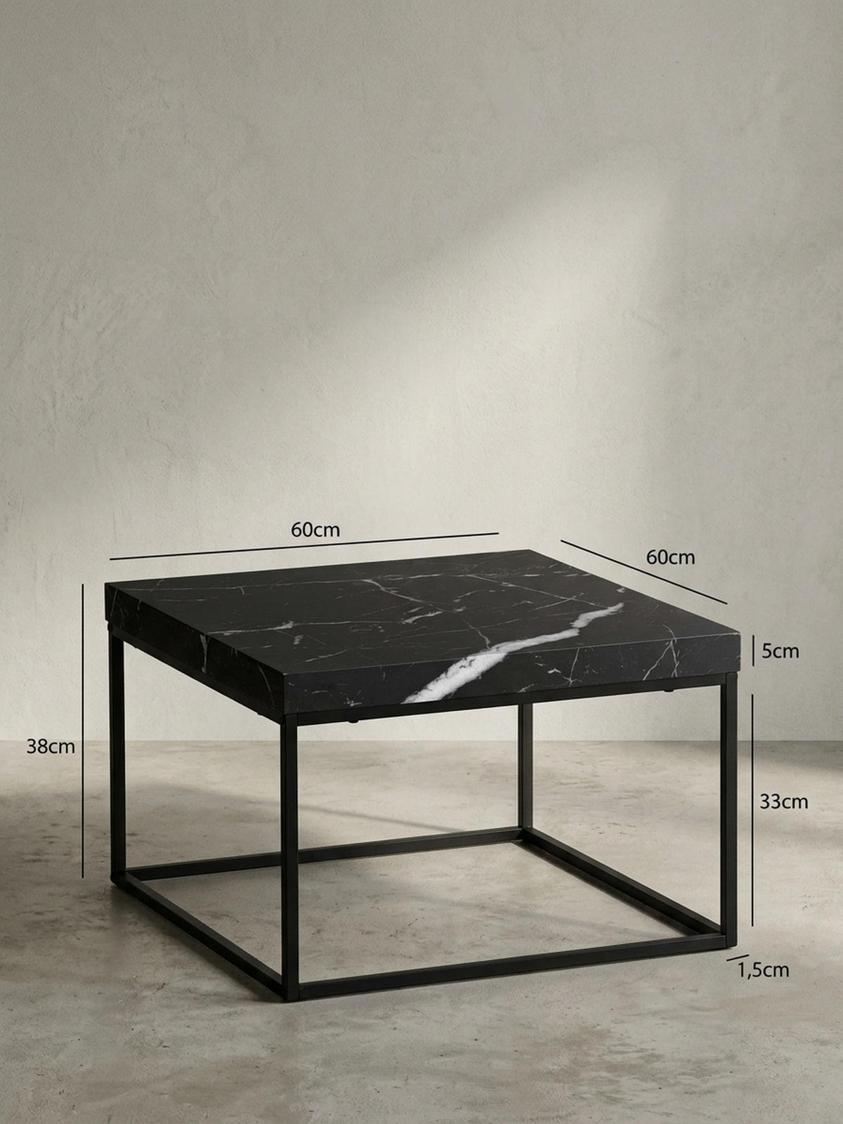COUCHTISCH in Stein-Optik mit Metallbeinen im modernen Design, Schwarz 60x60x38 cm - Schwarz, Holzwerkstoff/Metall (60/60/38cm) - KADIMA DESIGN