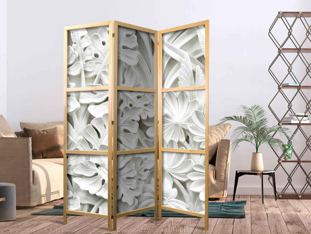 PARAVENT Japanischer 3-tlg 135x172 cm Wei e Bl tter 3D - Weiß, Holz/Textil (135/172/3cm) - Muralo