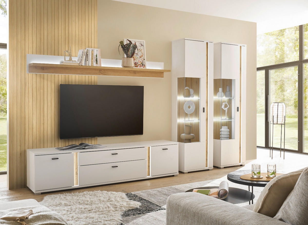VITRINE weiß matt, Eiche Wotan 55 x 20 cm, Vitrinenschrank inklusive Frontbeleuchtung - Silberfarben/Eiche Wotan, Glas/Holzwerkstoff (55/200/35cm) - Furn.Design