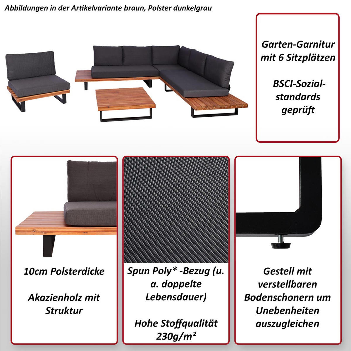 GARTEN-GARNITUR Schwarz, Braun, Hellgrau - Hellgrau/Schwarz, Holz - MCW