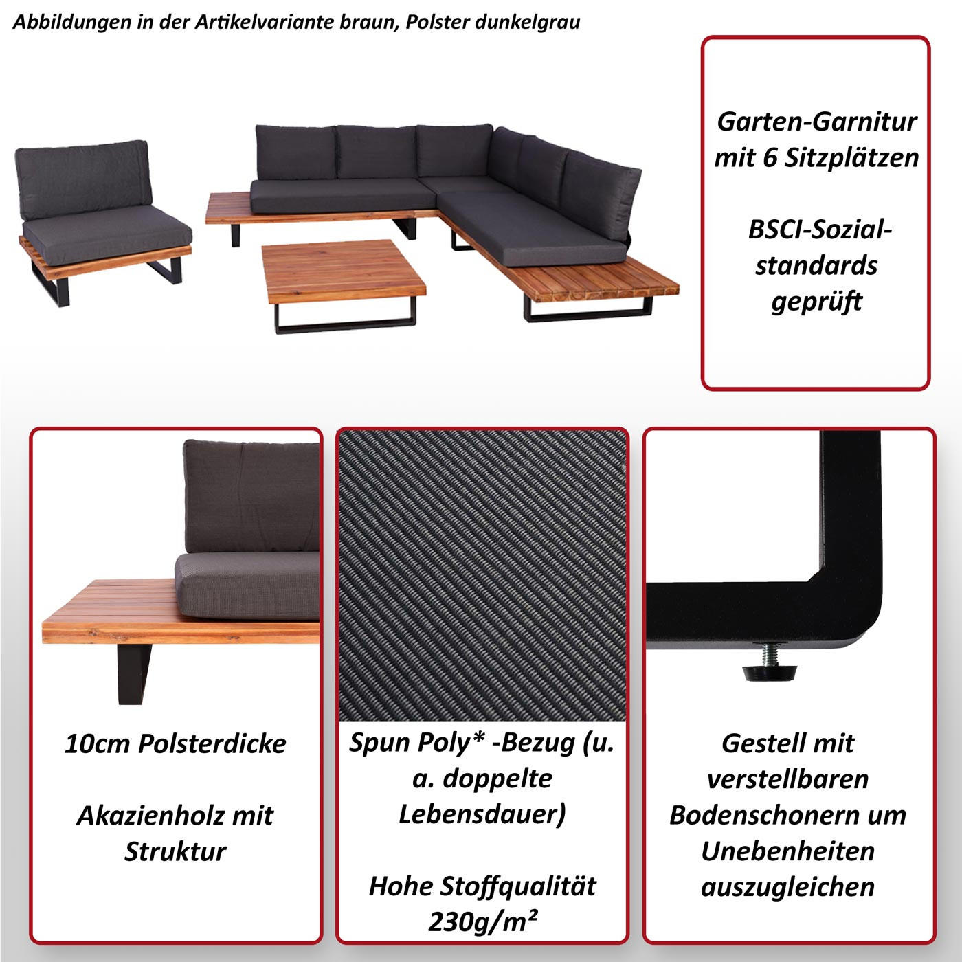 Thumbnail - MCW Garten-Garnitur, Schwarz, Dunkelbraun, Weiß, Holz, Loungemöbel, Loungemöbel-Sets