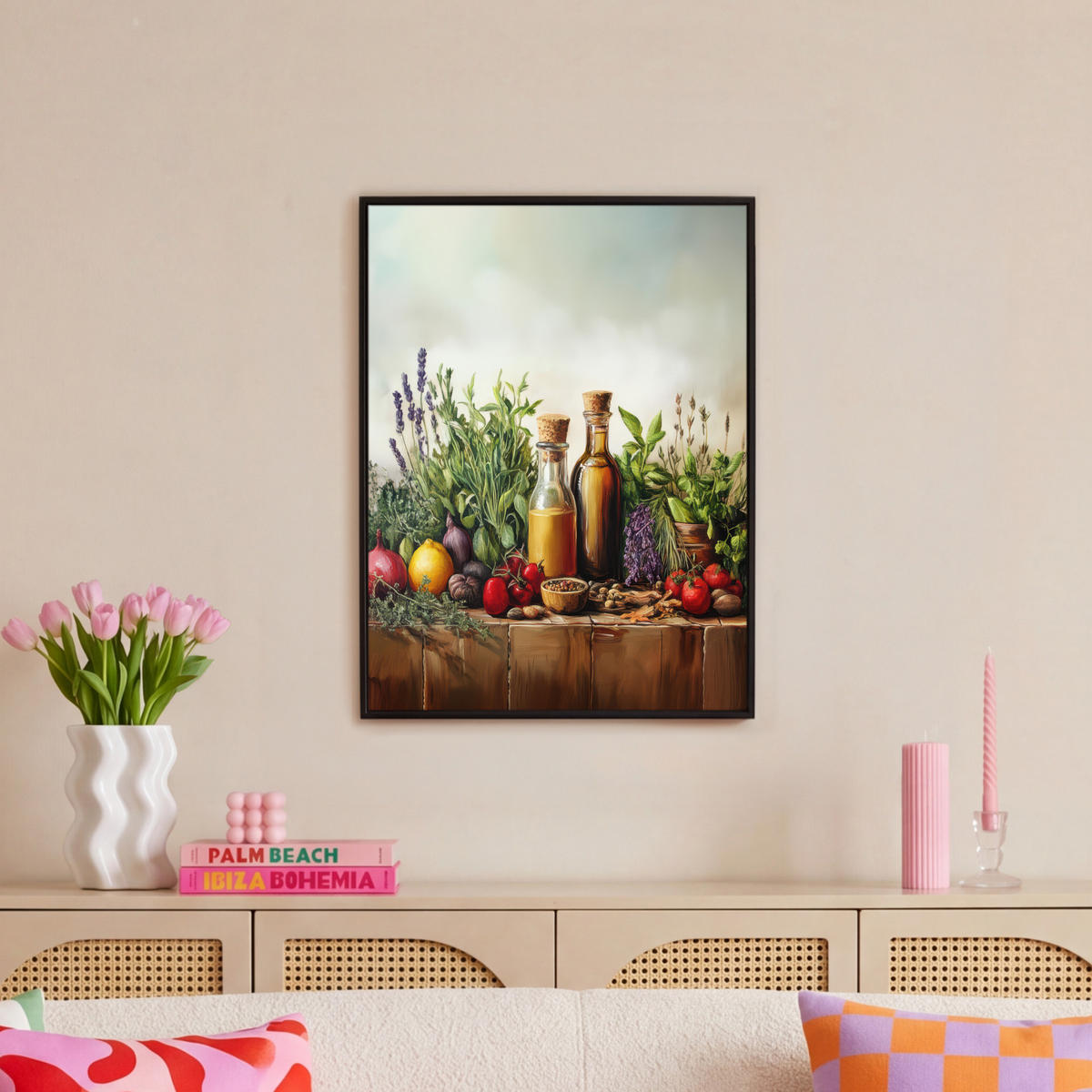 LEINWAND Bilder mit Rahmen - Stilleben - Kräuter - Gewürze - Früchte - Farbenfroh - 50x70 - Grün, Textil (50/70cm) - MuchoWow