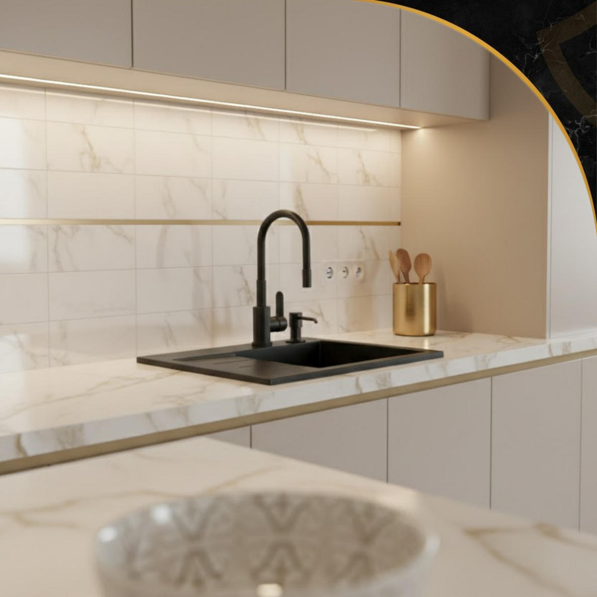 SPÜLBECKEN Amber Schwarz 6-tlg. 60/50 cm mit Abtropffläche rechts - Schwarz, Stein (42/42/20cm) - Granitan