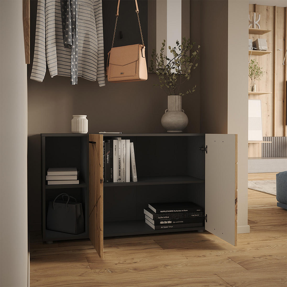 SCHUHSCHRANK Irma Anthrazit/Artisan 106 x 63 cm mit 2 Türen - Anthrazit, Holzwerkstoff (106/63/37cm) - Vicco