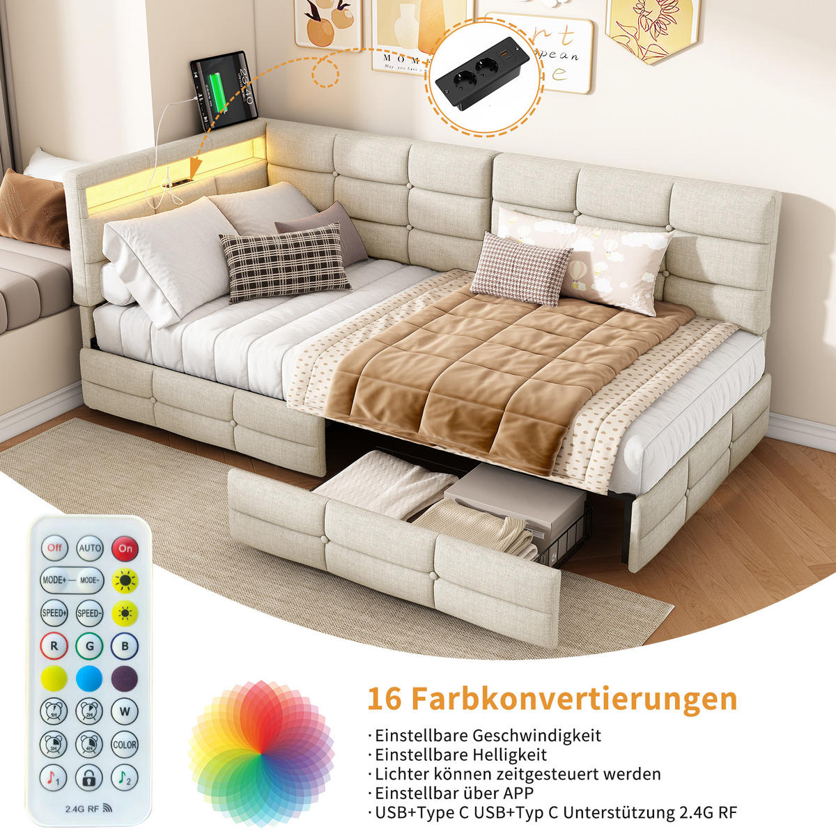 POLSTERBETT 90x200 cm Tagesbett mit 2 Schubladen, LED & USB, Einzelbett mit L-förmigem Kopfteil, Beige - Beige, Metall (90/200cm) - EuroLiving