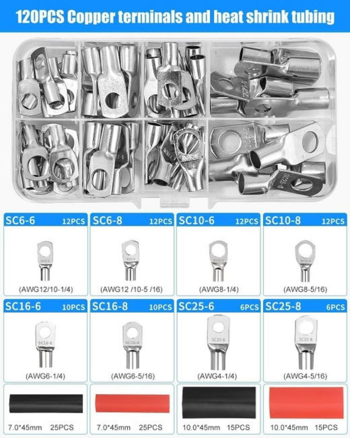 CRIMPZANGE – Für Batteriekabel der Größen 10 bis 1/0 AWG (6/10/16/25/35/50 mm²) – Inklusive Kabelschuhen, Kabelschneider und Schrumpfschläuchen - Schwarz, Metall (39/8/1cm) - DCA