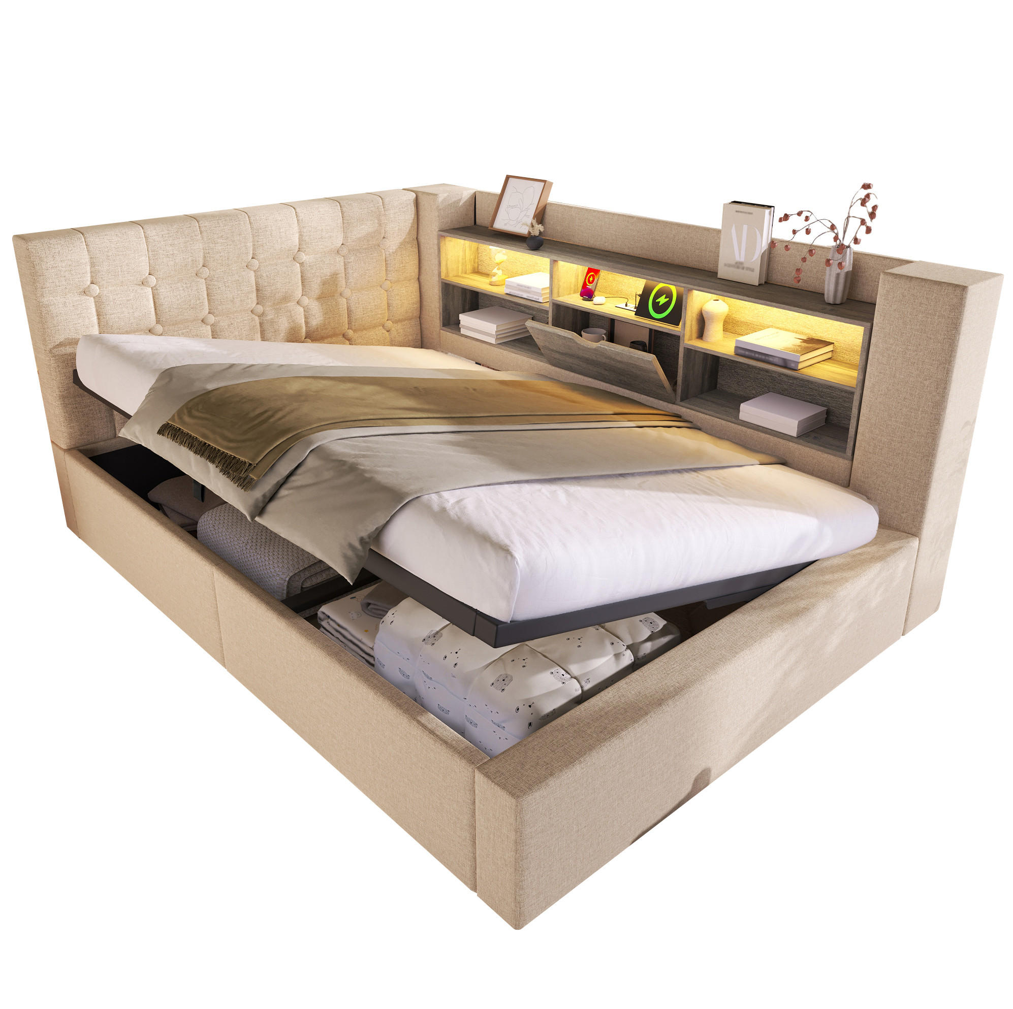 POLSTERBETT 140/200 cm Beige aus Leinen mit LED-Beleuchtung und Stauraum - Beige, Textil (140/200cm) - OKMYHOME