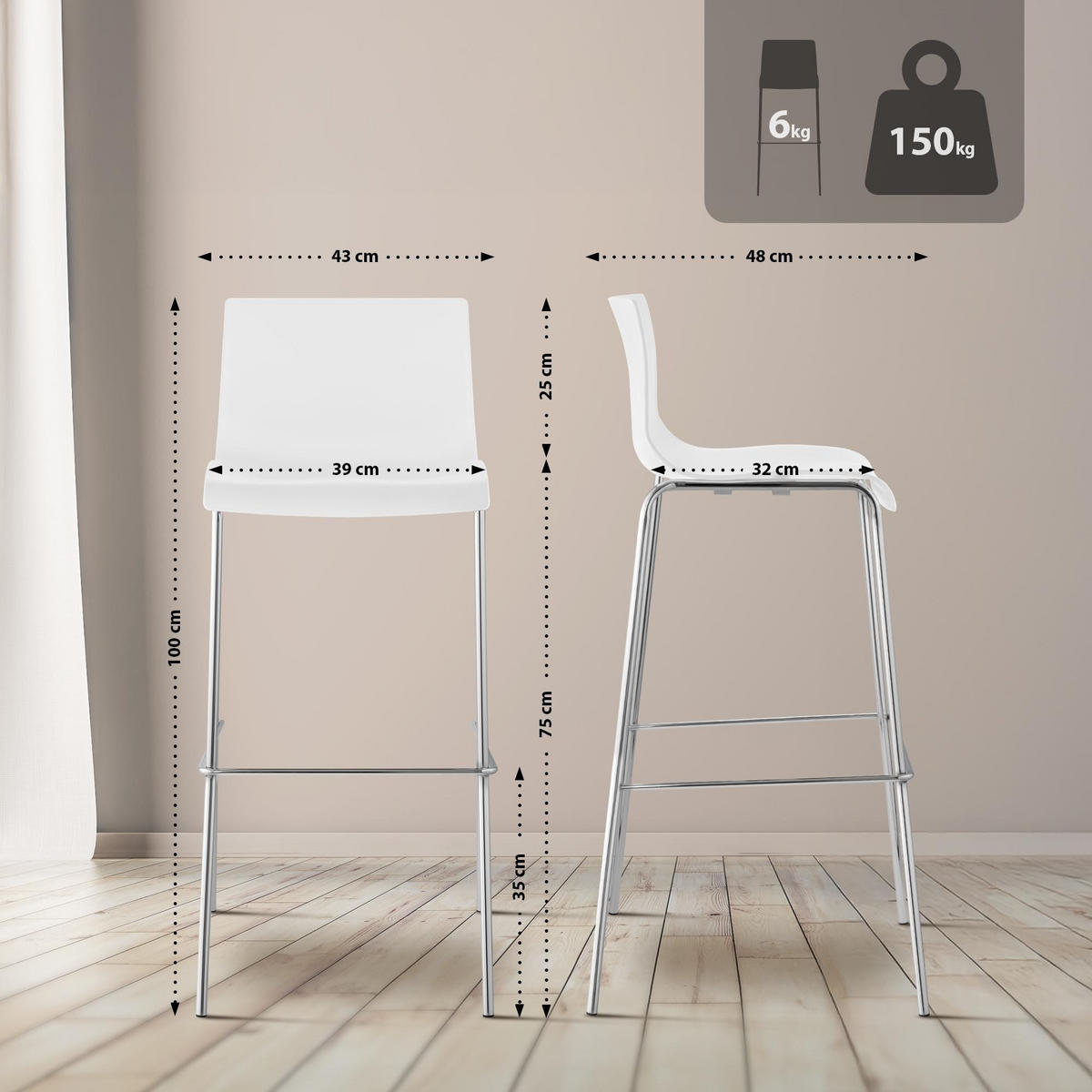 BARHOCKER Hover 2er-Set 100x43x48 cm weiß - Weiß, Kunststoff (43/100/48cm) - furnicato