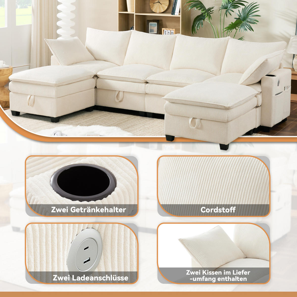 WOHNLANDSCHAFT Cord mit 2 Hockern und USB-Anschluss Stauraum 280/151/82 cm Beige - Beige, Kunststoff/Textil (82/280/151cm) - Redom