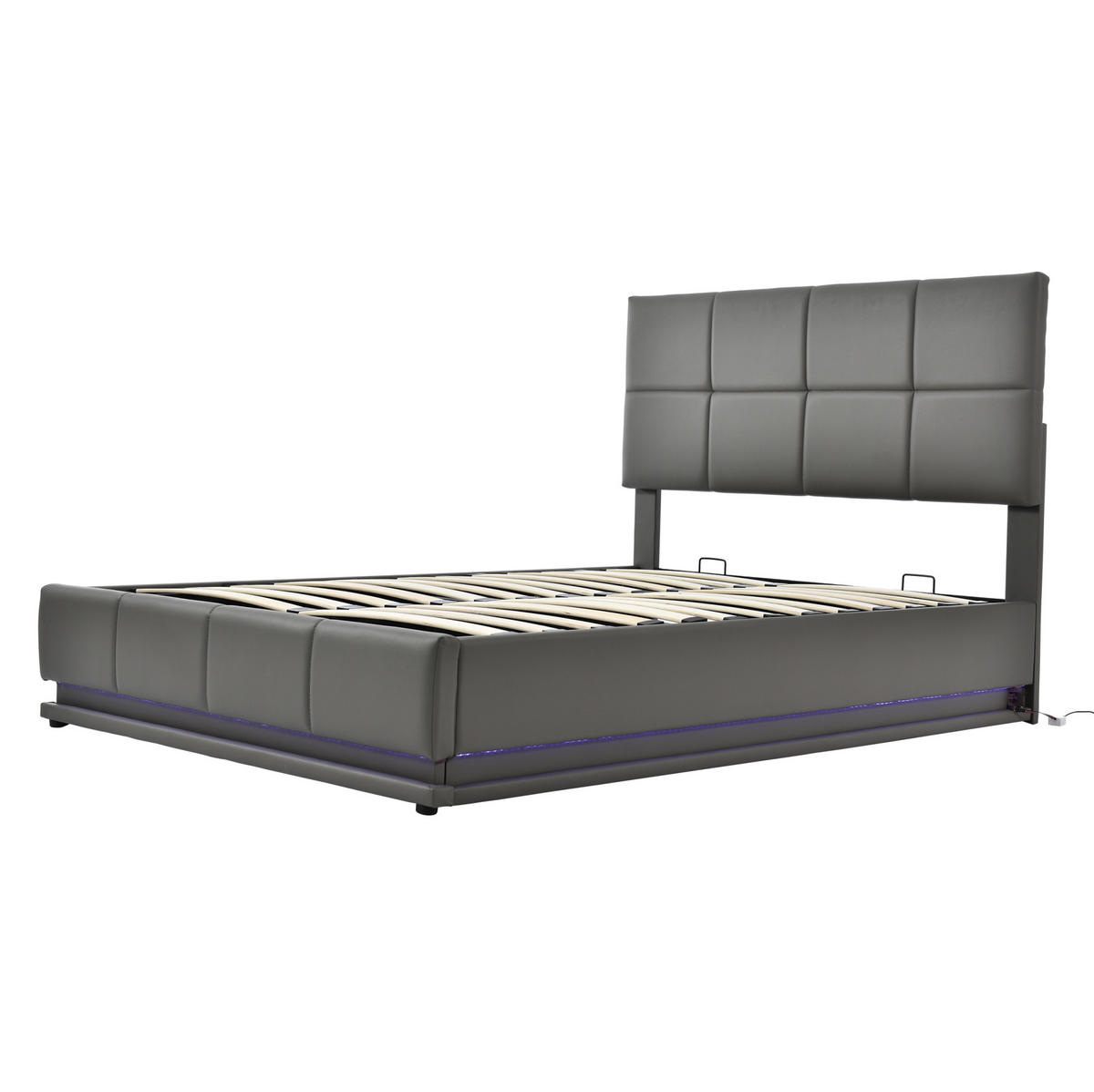 POLSTERBETT aus Kunstleder 140x200 cm Grau mit LED-Beleuchtung, hydraulischem Bettkasten und Lattenrost - Grau, Textil (140/200cm) - Modfu