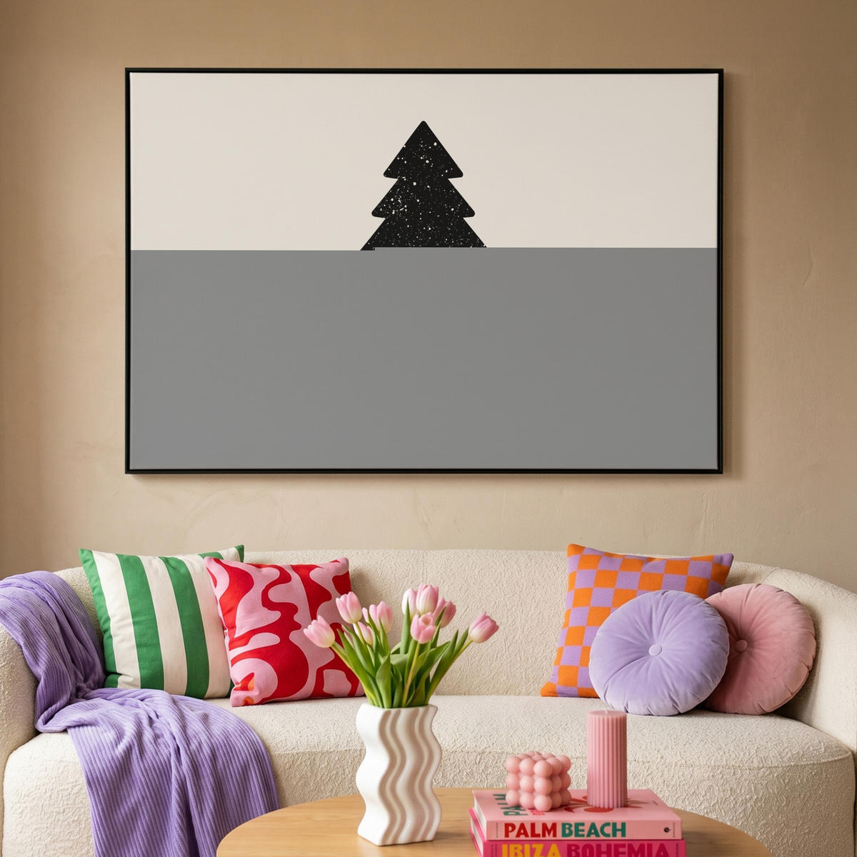 LEINWAND Bilder mit Rahmen - Weihnachtsbaum - Schwarz - Urlaub - Beige - 120x80 - Schwarz, Textil (120/80cm) - MuchoWow