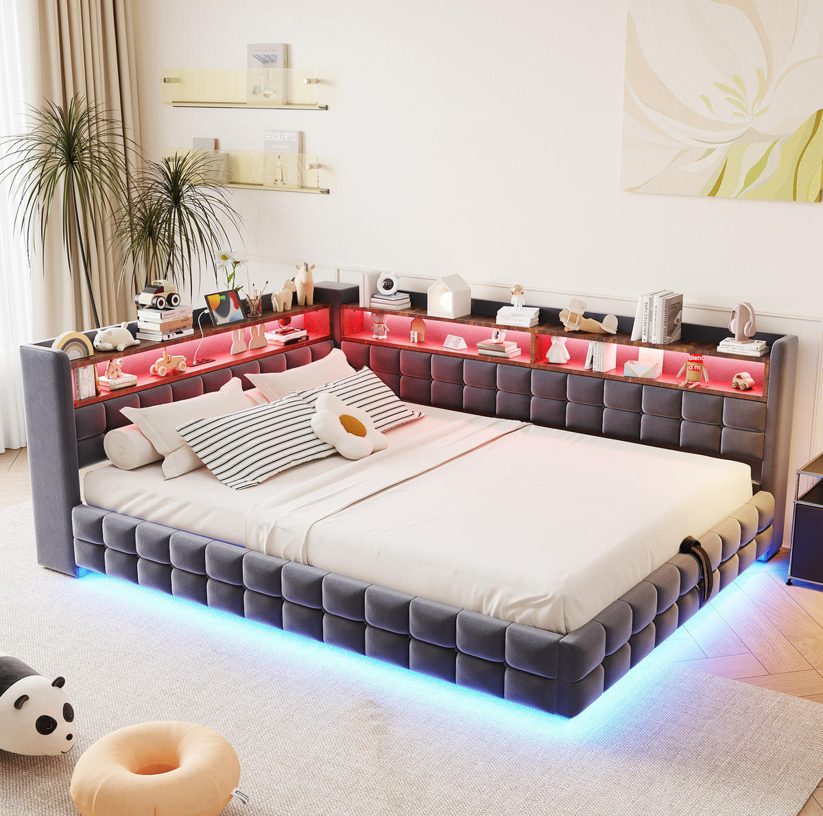 POLSTERBETT 140/200 cm mit LED-Beleuchtung, Steckdose, USB-, Typ-C-Anschluss und Bettkasten, Grau - Grau, Textil (140/200cm) - Redom