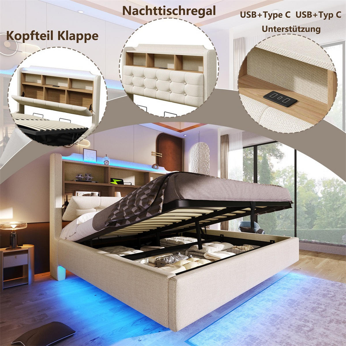 POLSTERBETT 140x200 cm mit LED-Beleuchtung und hydraulischem Stauraum - USB/Typ-C & Klappfach - Beige - Beige, Textil (140/200cm) - DELFA