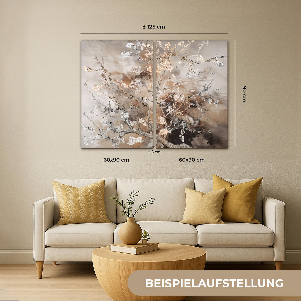 OBRAZ NA PLÁTNĚ 2dílná sada Mandlový květ - abstraktní - béžový 120x90 cm - béžová, textil (120/90cm) - MuchoWow