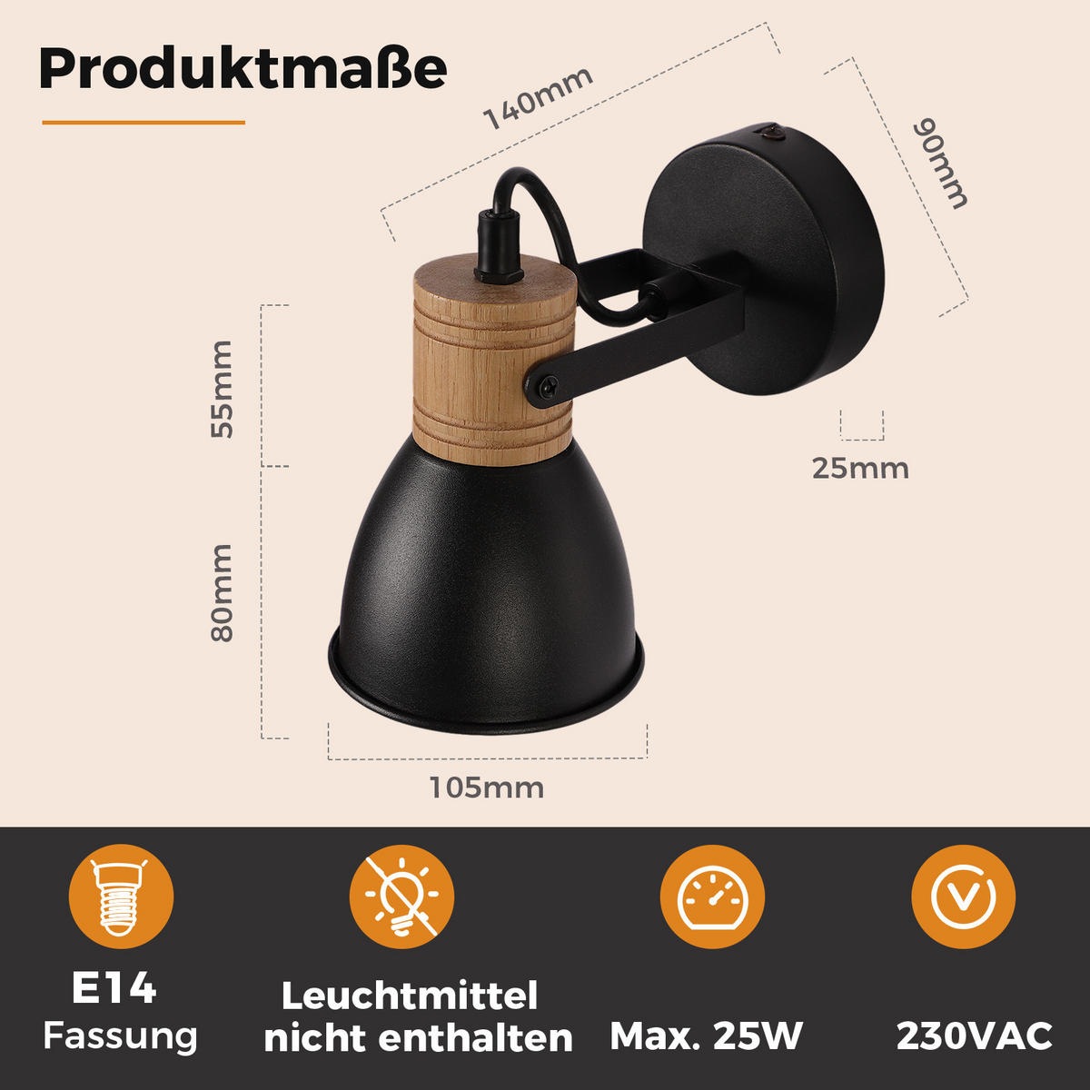 DECKENSTRAHLER Quorvin 14/14/10.5 cm - Schwarz, Holz/Metall (14/14/10.5cm) - ZMH