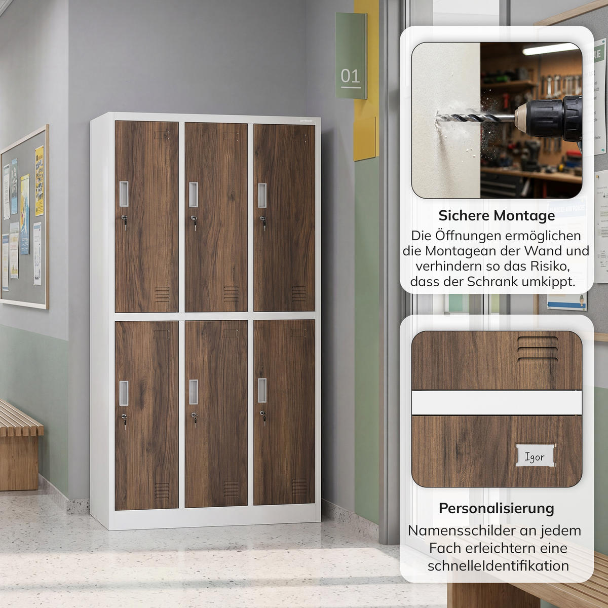 ARBEITSSCHUTZ-KLEIDERSCHRANK 6 Türen IGOR 185x90x45 cm - Nussbaumfarben/Weiß, Metall (90/185/45cm) - Jan Nowak