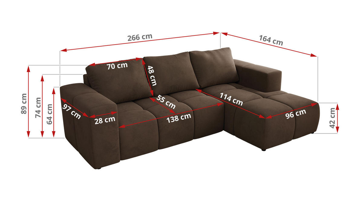 ROHOVÁ SEDAČKA MONIVA L - Hnědá Samet - Pravá Strana - černá/hnědá, textil/plast (266/164cm) - MKS