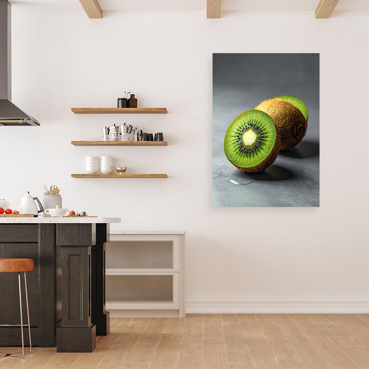 LEINWANDBILDER, Eine geschnittene Kiwi in einer minimalistischen Komposition - Grün, Textil (20/30cm) - Feeby