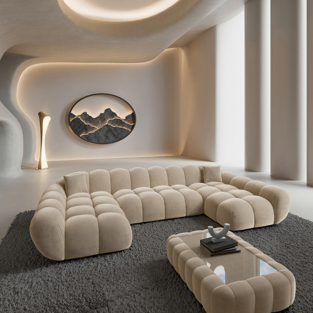 WOHNLANDSCHAFT Liva Creme Samtstoff U-Form XXL Studio - Creme, Textil (330/70/160cm) - VAROYAL