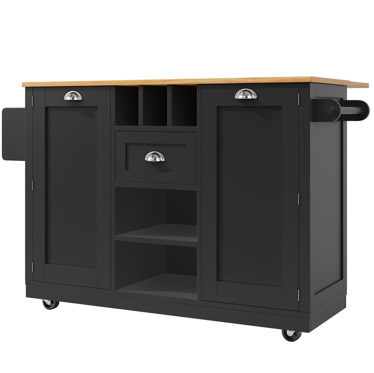 KUCHYŇSKÝ ostrůvek 140/70/93,5 cm s výklopnou deskou, zásuvkou, vinotékou a kolečky, Černá - černá, kompozitní dřevo (140/93.5/40cm) - Redom
