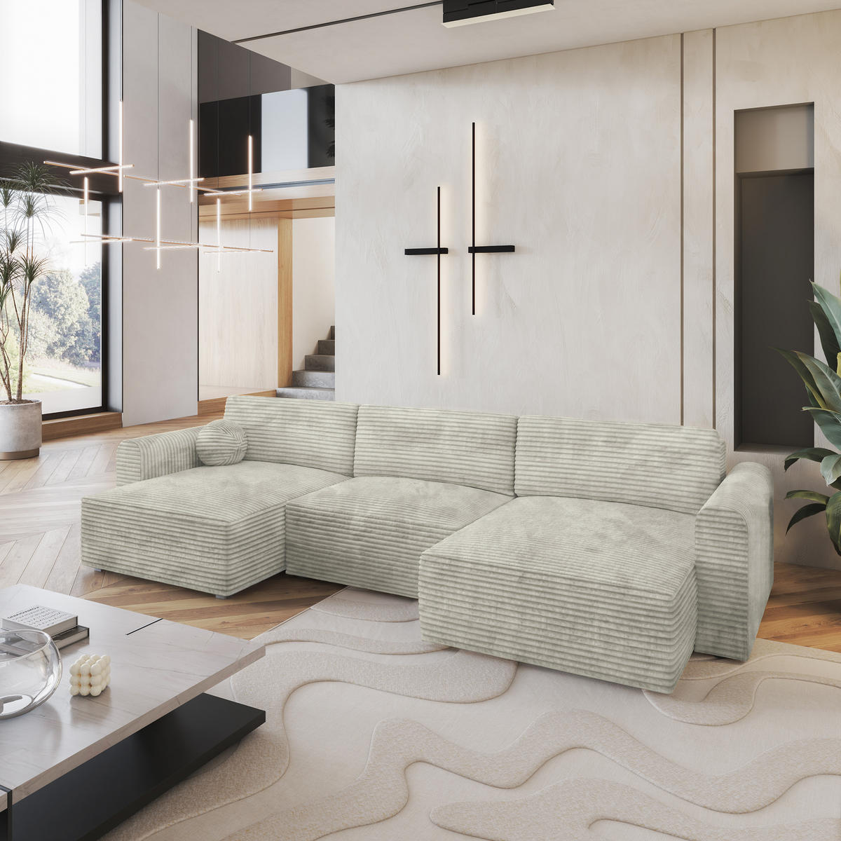 WOHNLANDSCHAFT FENTO Hellgrau Kordstoff mit Schlaffunktion - Hellgrau, Holz (347/90/148cm) - MASSENO