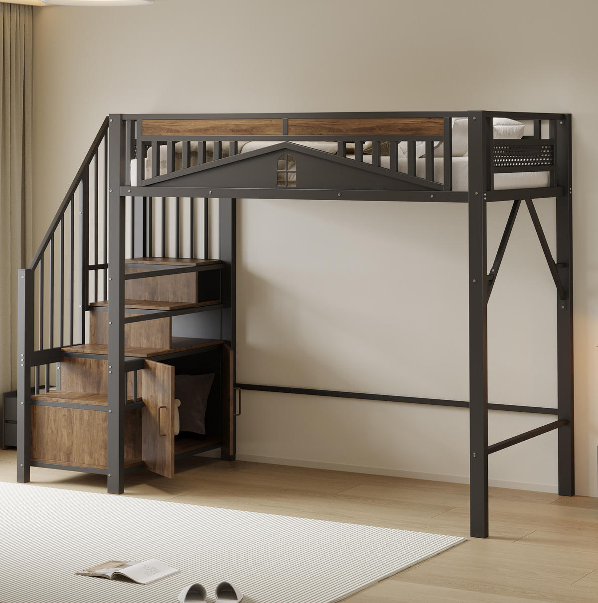 HOCHBETT aus Metall und Holz 90x200 cm Schwarz mit Stauraumtreppe, Schrank und Sicherheitszaun mit Fenster - Schwarz, Metall (90/200cm) - Modfu