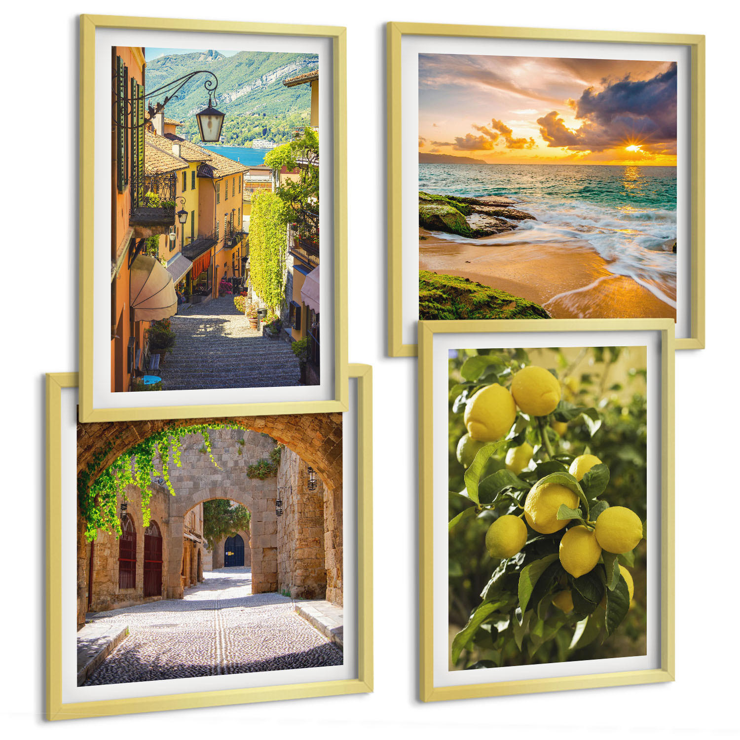 BILDER SET 4er Set - 50x50 cm & 40x60 cm Goldrahmen - Malerische Straßen am Meer, Strand - Goldfarben, Kunststoff (50/50cm) - TULUP