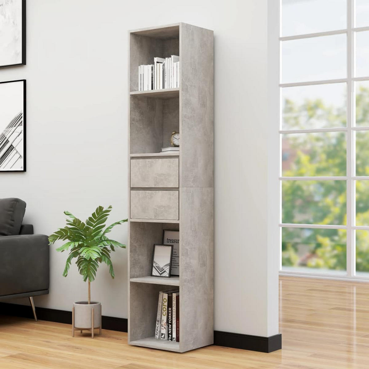 BÜCHERREGAL mit 4 Fächern, 2 Schubladen 36/30/171 cm aus Holzwerkstoff Betongrau - Hellgrau, Holz (36/171/30cm) - vidaXL