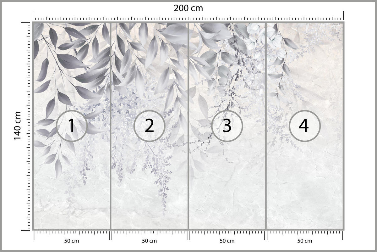 FOTOTAPETE für Schlafzimmer Subtile Rankenblätter Grau 200x140 - Weiß/Grau, Papier (200/140cm) - Muralo