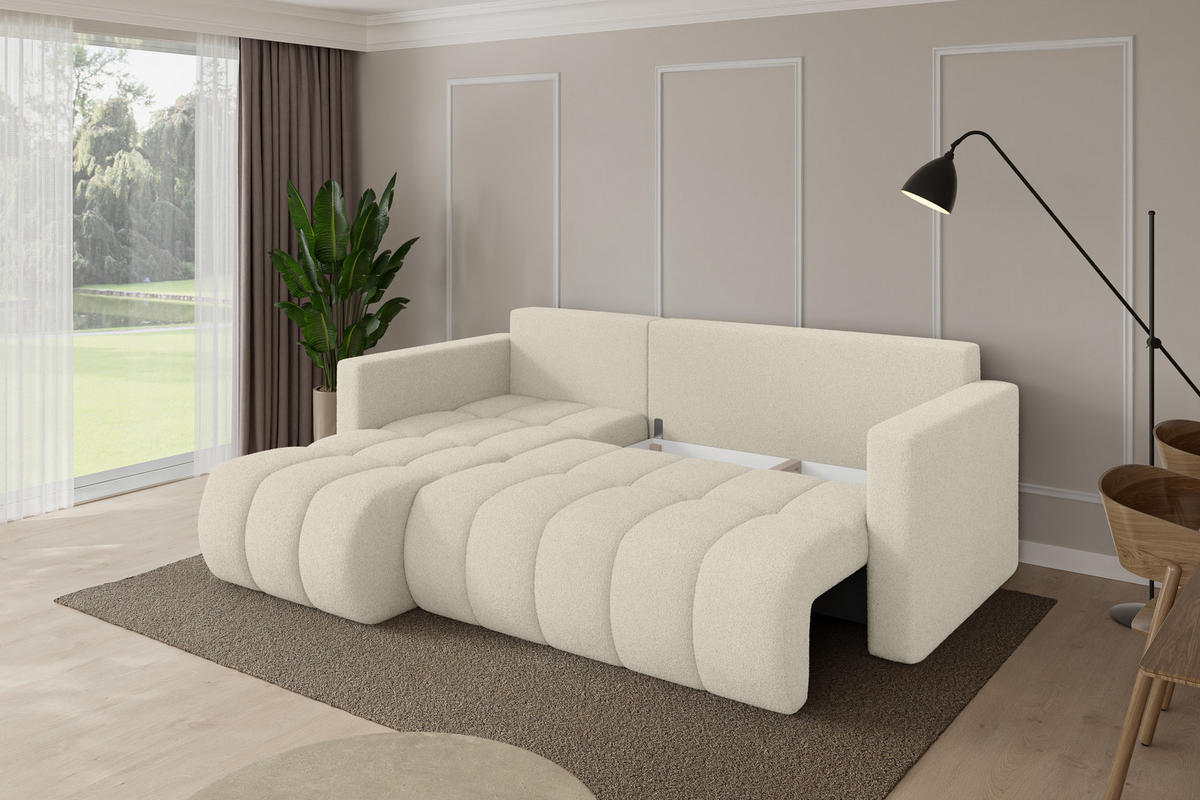 ROHOVÁ SEDAČKA s funkcí spaní, otoman vlevo GARD-L 226x146x85 béžová bouclé - černá/písková barva, kompozitní dřevo/textil (226/146cm) - ALTDECOR