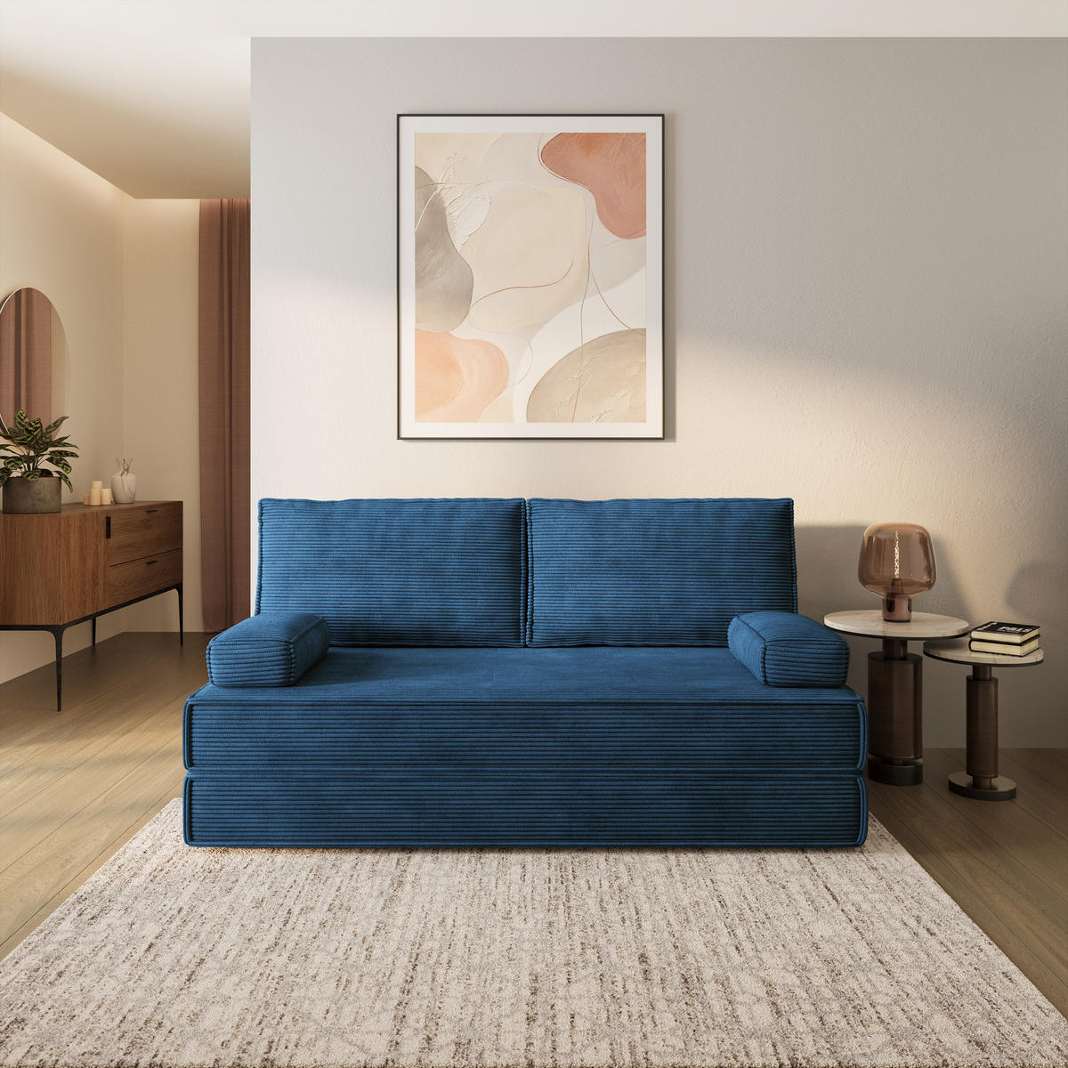 BETTSOFA SILAR aus Schaumstoff Cordstoff Blau Schlaffunktion - Blau, Textil (170/86/80cm) - MASSENO