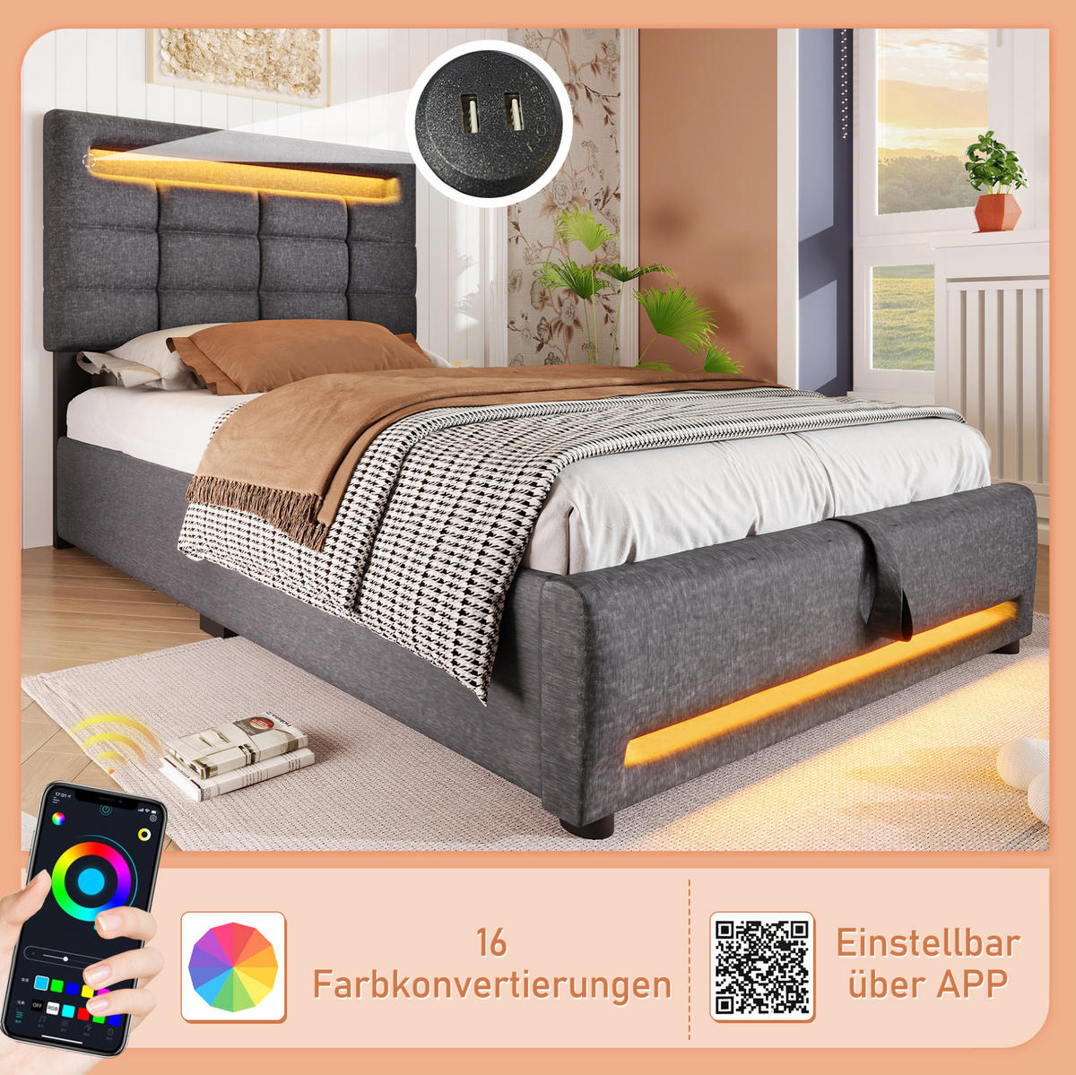 POLSTERBETT 90/200 cm mit LED-Beleuchtung, App-Steuerung, USB-Anschluss und hydraulischem Stauraum, Grau - Grau, Textil (90/200cm) - Redom