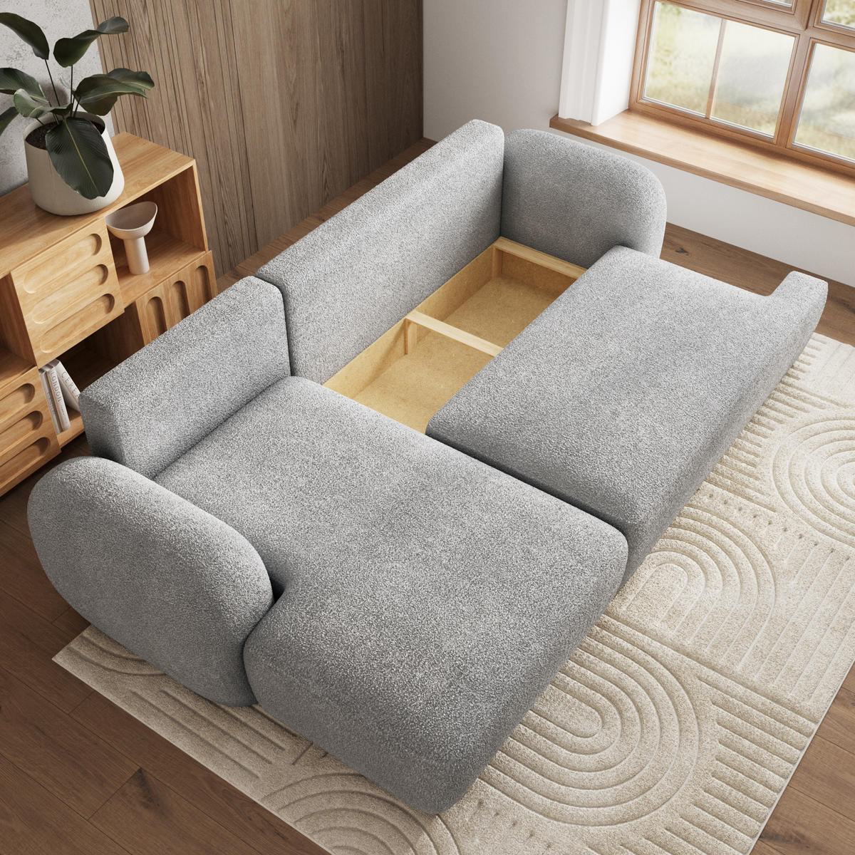 ECKSOFA MODENZA N L-S Hellgrau Boucle-Stoff mit Schlaffunktion - Hellgrau, Holz (266/148cm) - MASSENO
