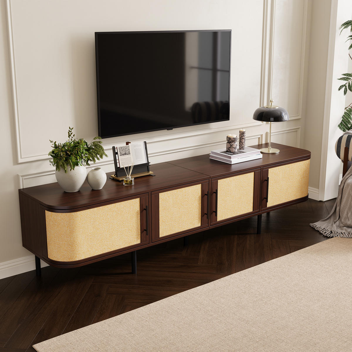 TV-SCHRANK 180x40x45cm mit Flechtfront und 4 Türen - Walnussfarben, Holzwerkstoff (180/45/40cm) - FLIEKS