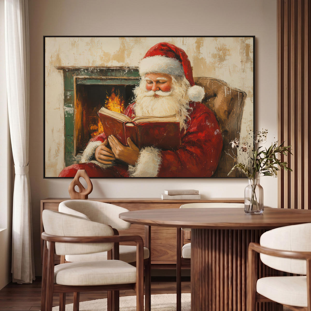 LEINWAND Bilder mit Rahmen - Weihnachten - Weihnachtsmann - Winter - Open Fireside - 150x100 - Dunkelrot, Textil (150/100cm) - MuchoWow