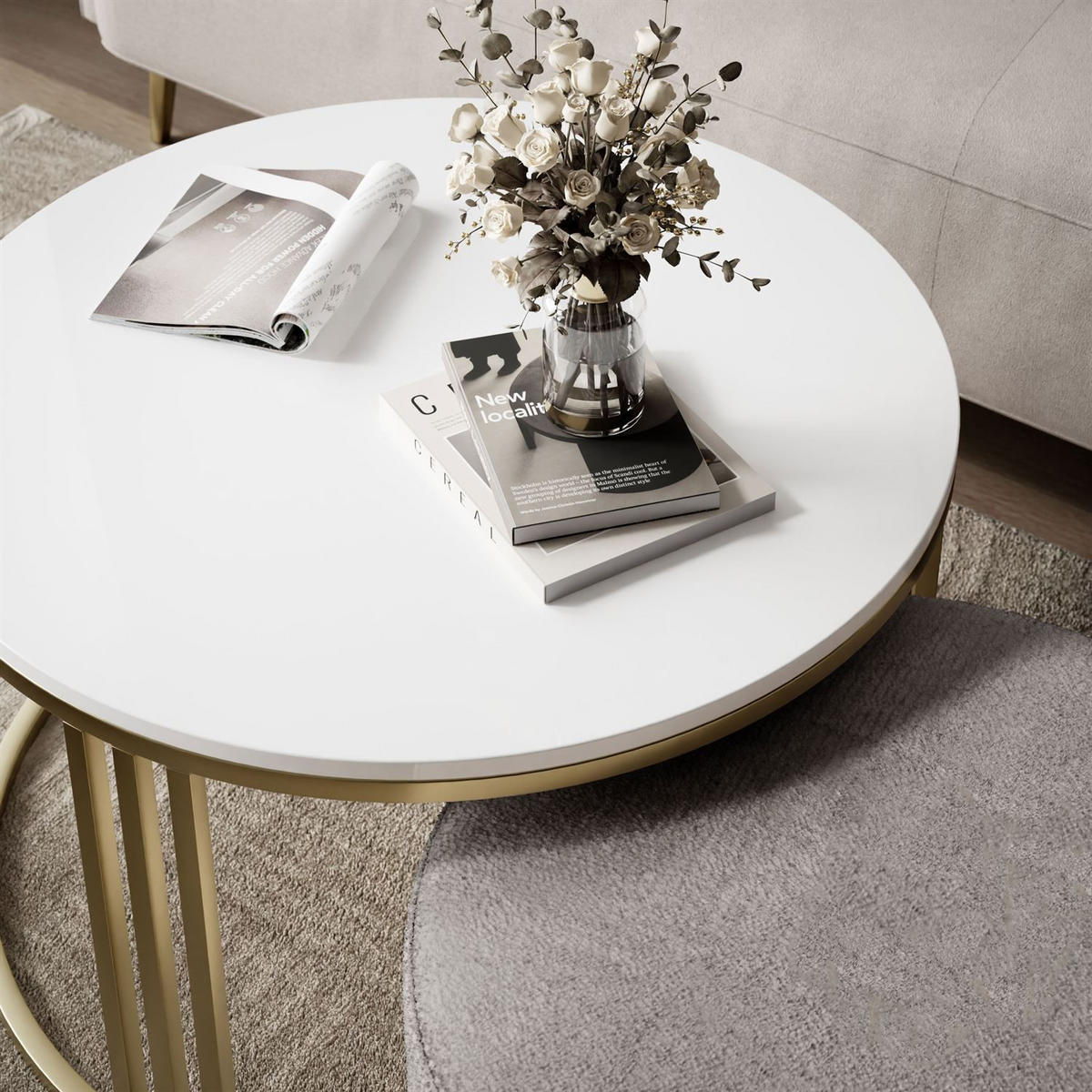 COUCHTISCH mit Hocker LORI Hochglanz gebürstetes Gold/weißer Glanz/Perfect Harmony 82 - Schwarz, Metall (70/70/49cm) - Lookway