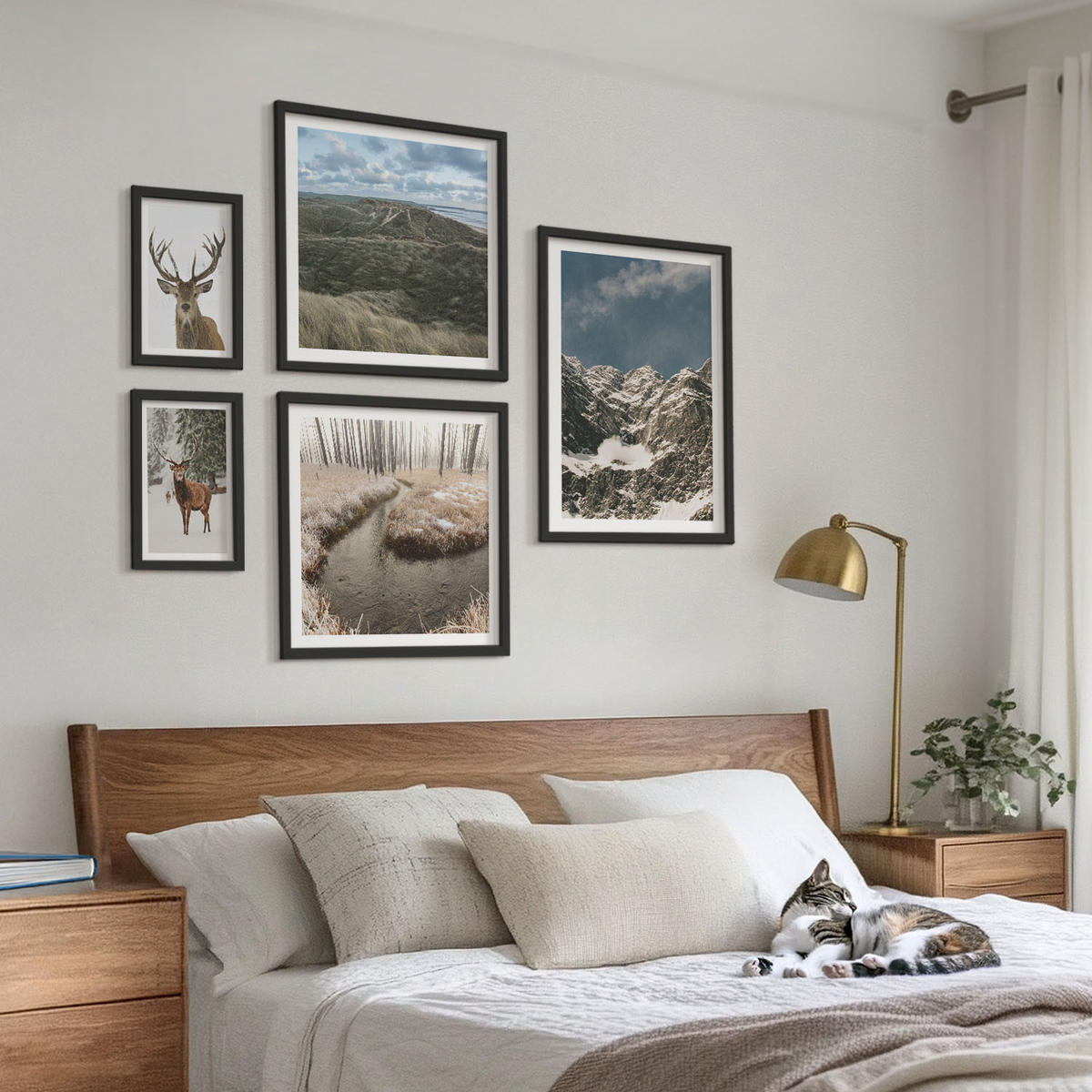 WANDBILDER 5er-Set - 50x50 cm & 20x30 cm & 40x60 cm Schwarzer Rahmen - Berge, Schnee, Hirsche, Waldlandschaft - Schwarz, Kunststoff (40/60cm) - ArtPrintCave