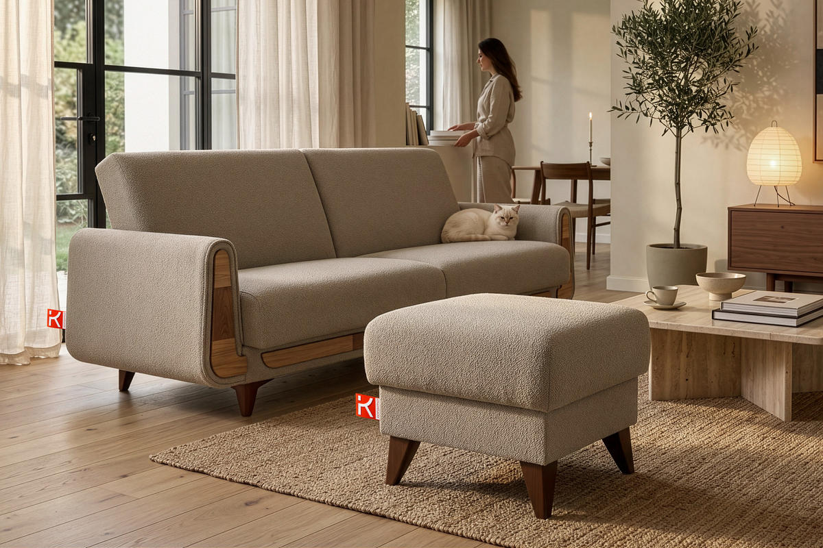 HOCKER GUSTAVO Fußstütze, Bouclé, Beige - Beige, Holz/Holzwerkstoff (53/49/53cm) - KONSIMO®