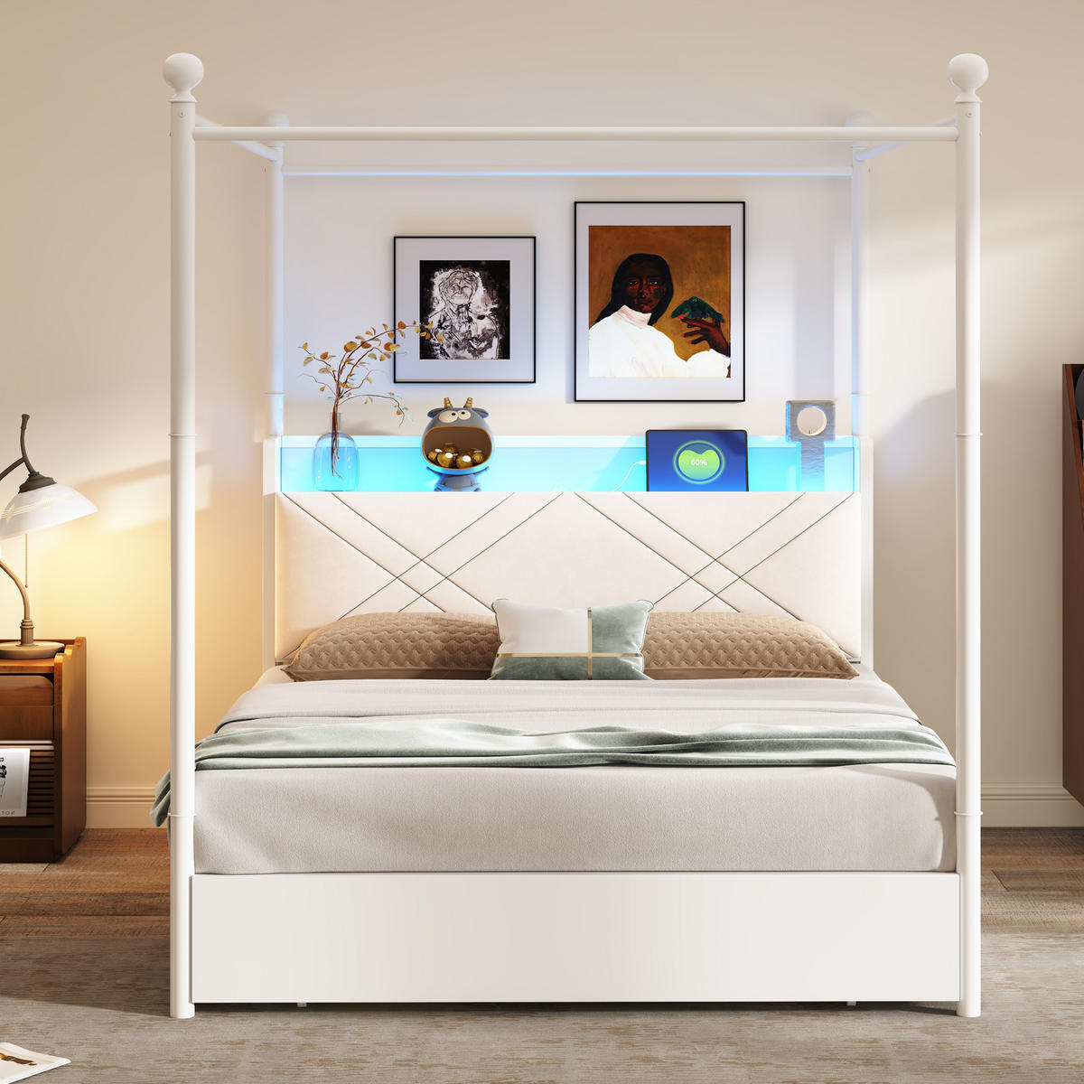 POLSTERBETT 90/190 cm Weiß mit LED-Beleuchtung, 2 Schubladen und USB-/Typ-C - Weiß, Holz (90/190cm) - Oxeza