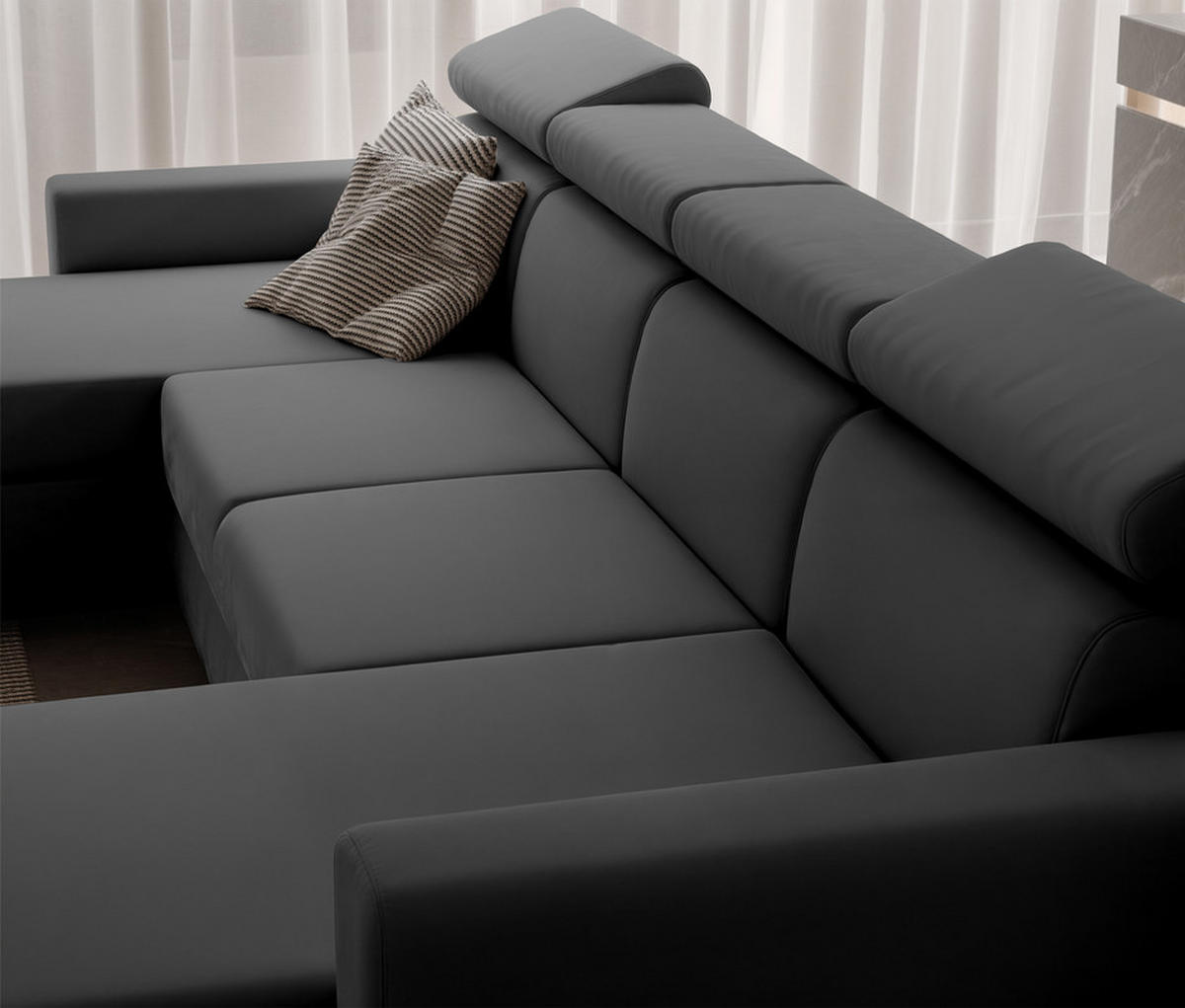 WOHNLANDSCHAFT BENI U II mit verstellbaren Kopfstützen und Schlaffunktion, Farbe: Grau - Schwarz/Grau, Kunststoff/Textil (302/60/166cm) - Idohome