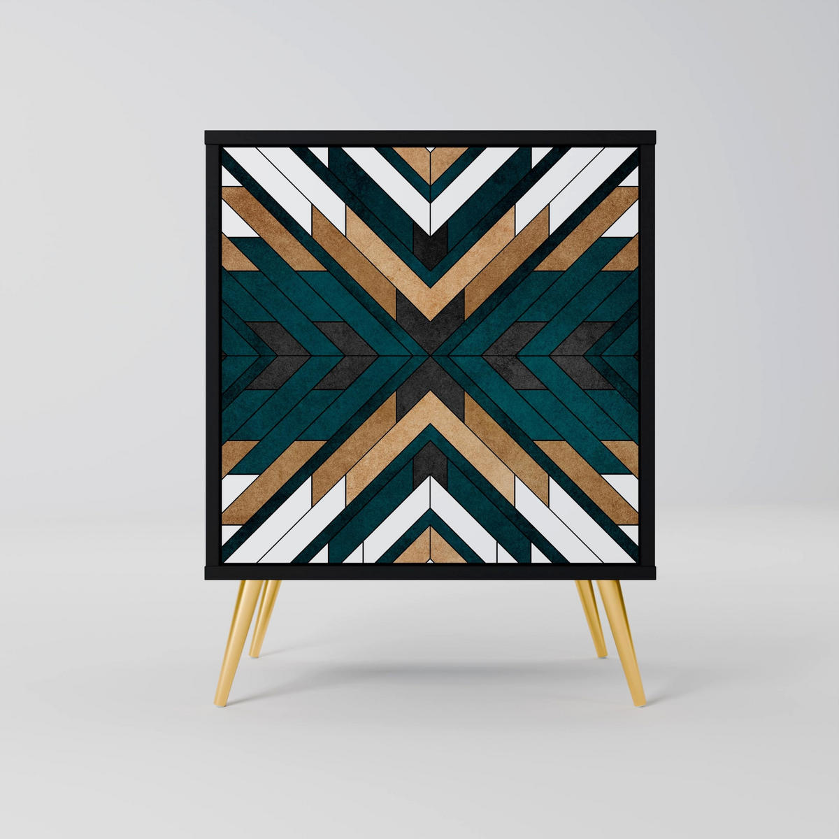 SIDEBOARD ARTISTIC GEOMETRY, Schwarz, 57,5x42x67,5 cm, Schwarze Metall-Rahmenfüße - Multicolor/Schwarz, Holzwerkstoff/Metall (57.5/67.5/42cm) - SpaceRebels