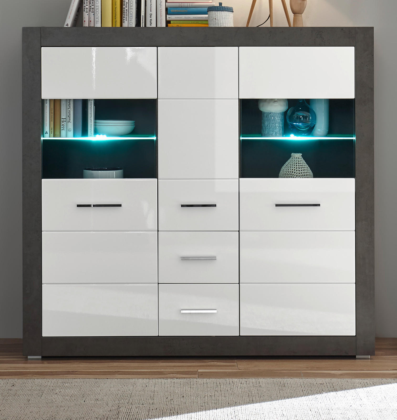 HIGHBOARD weiß Hochglanz, grau Stone 149 cm, Vitrine mit viel Stauraum - Chromfarben/Weiß Hochglanz, Glas/Holzwerkstoff (149/142/42cm) - Furn.Design