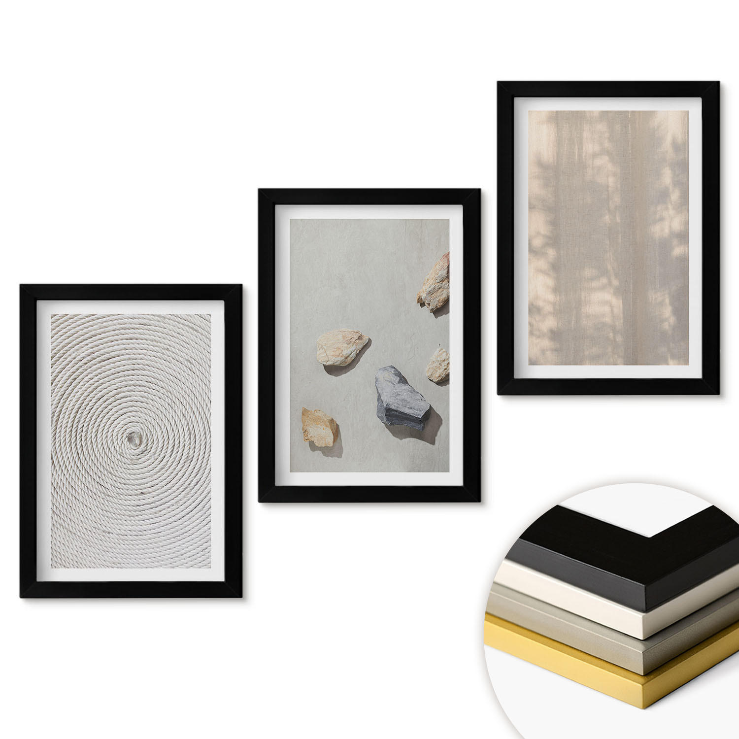 WANDBILDER 3er-Set - 20x30 cm Schwarzer Rahmen - Boho-Naturtexturen und -Strukturen - Schwarz, Kunststoff (20/30cm) - ArtPrintCave