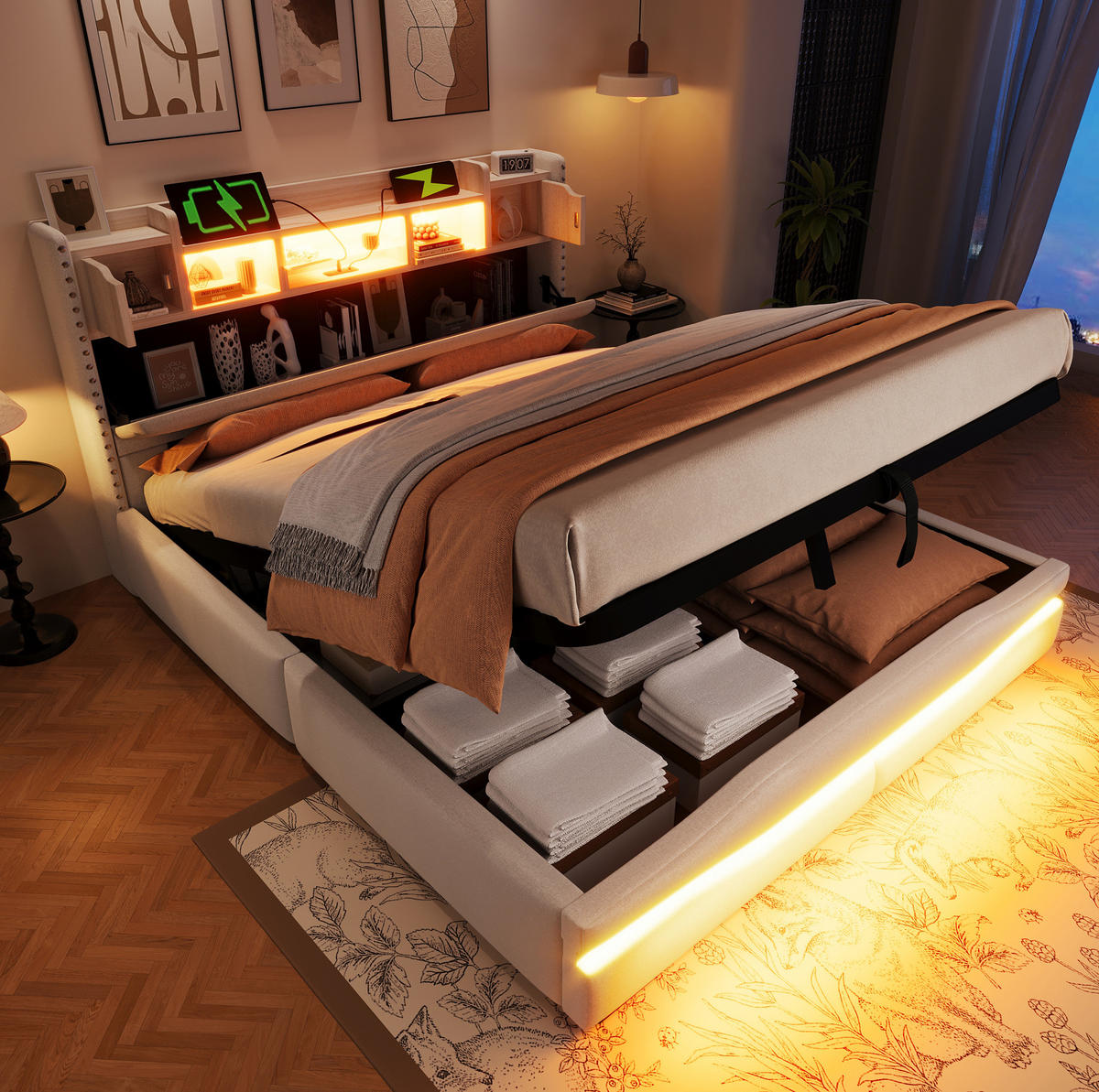 POLSTERBETT mit Stauraum, LED und USB 160x200 cm Leinen Beige - Beige, Metall (160/200cm) - Meubliv