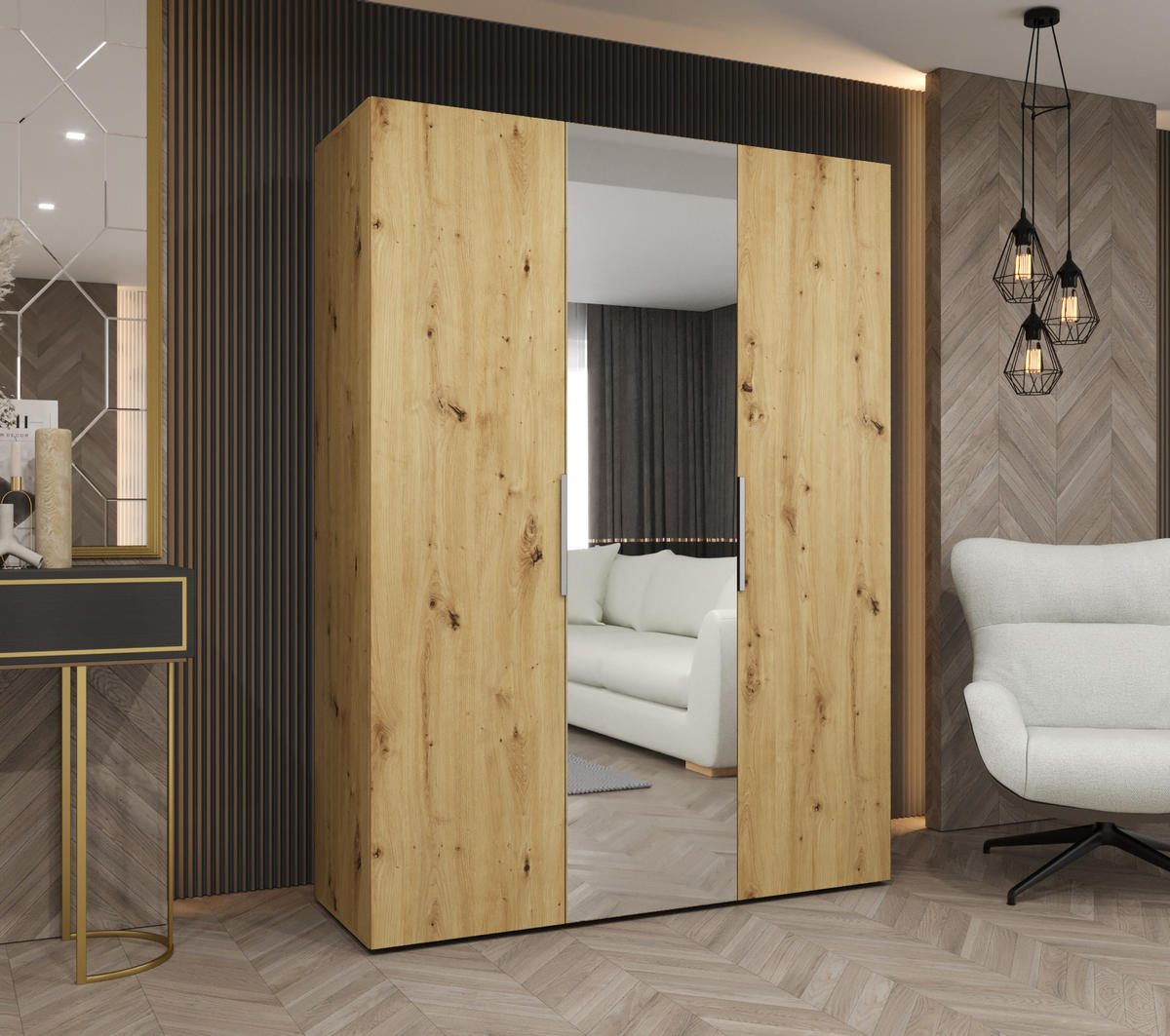DREHTÜRENSCHRANK 202/150/52 3-türig - Kaschmir/Goldfarben, Holz (150/202/52cm) - MÖBEL KRYSPOL