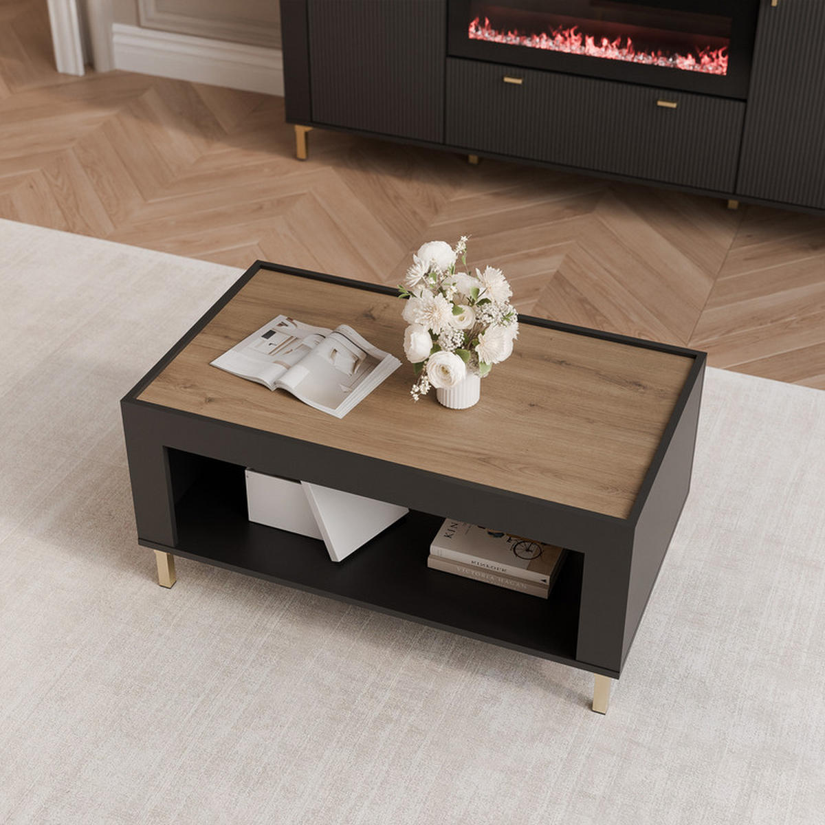 COUCHTISCH AVENA 97/56/47 cm Rechteckig, Schwarz/Eiche - Schwarz, Holzwerkstoff/Metall (56/97/47cm) - Idohome