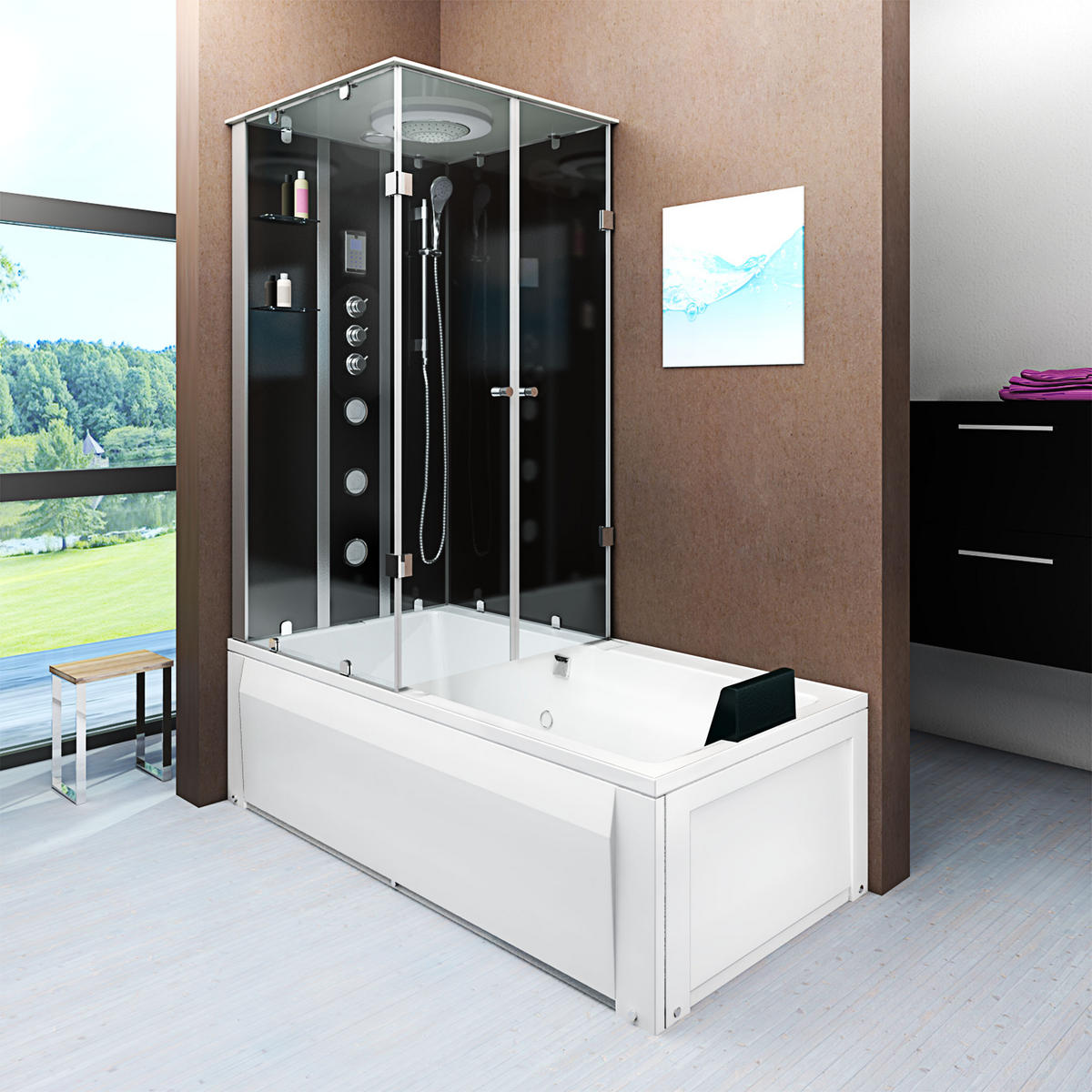 DUSCHE Wanne Kombination K05-R33-EC 90x180 - Schwarz, Glas/Kunststoff (180/225/90cm) - AcquaVapore by Sandra Jentho