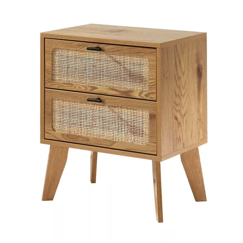 NACHTTISCH mit 2 schubladenrattanfronten und holzdekorbeinen alia 45/29/56 cm - Eschefarben, Holzwerkstoff (45/56/29cm) - Calicosy