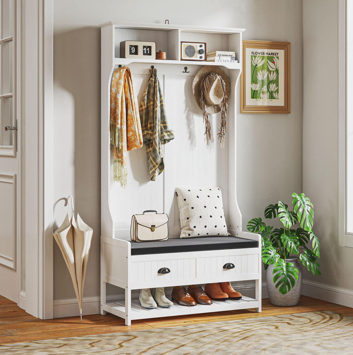GARDEROBENSTÄNDER mit Schuhbank 89 x 42 x 172 cm MDF White - Weiß, Holzwerkstoff (42/172/89cm) - Beauniv
