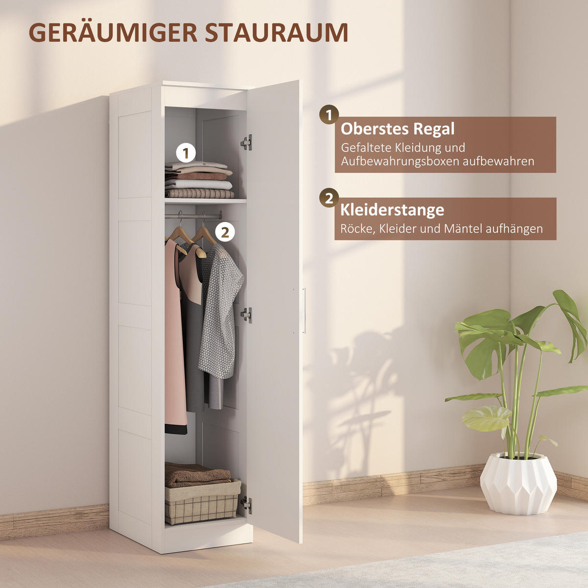 KLEIDERSCHRANK Mehrzweckschrank mit Kleiderstange, Regal, Soft-Close-Tür Weiß - Weiß, Holzwerkstoff (40/180/52cm) - HOMCOM